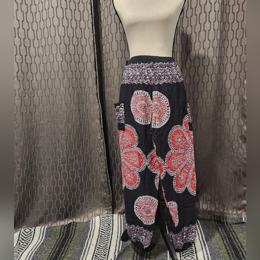 Smockd Waist Bohemian Black and Red Pants